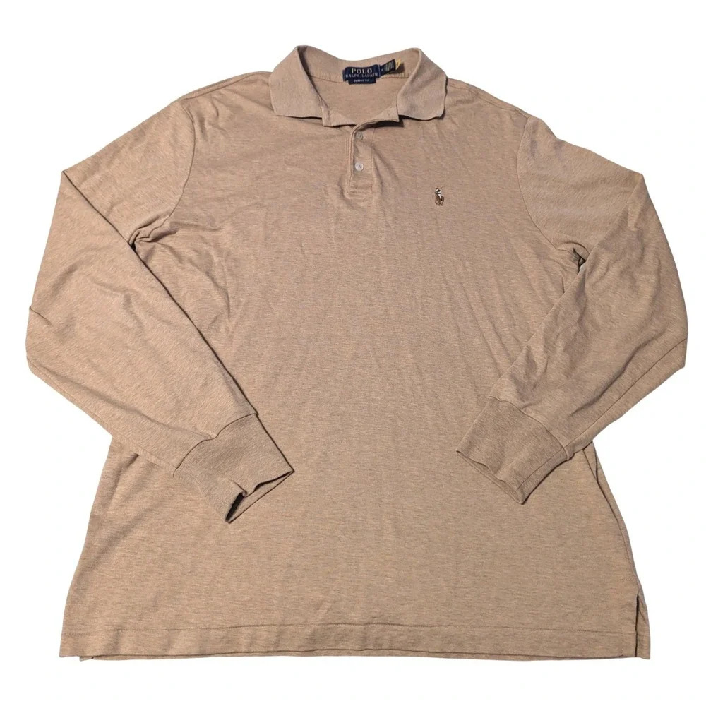 Polo Ralph Lauren Mens Medium Classic Fit Long Sleeve Polo Shirt Tan Flesh Pony